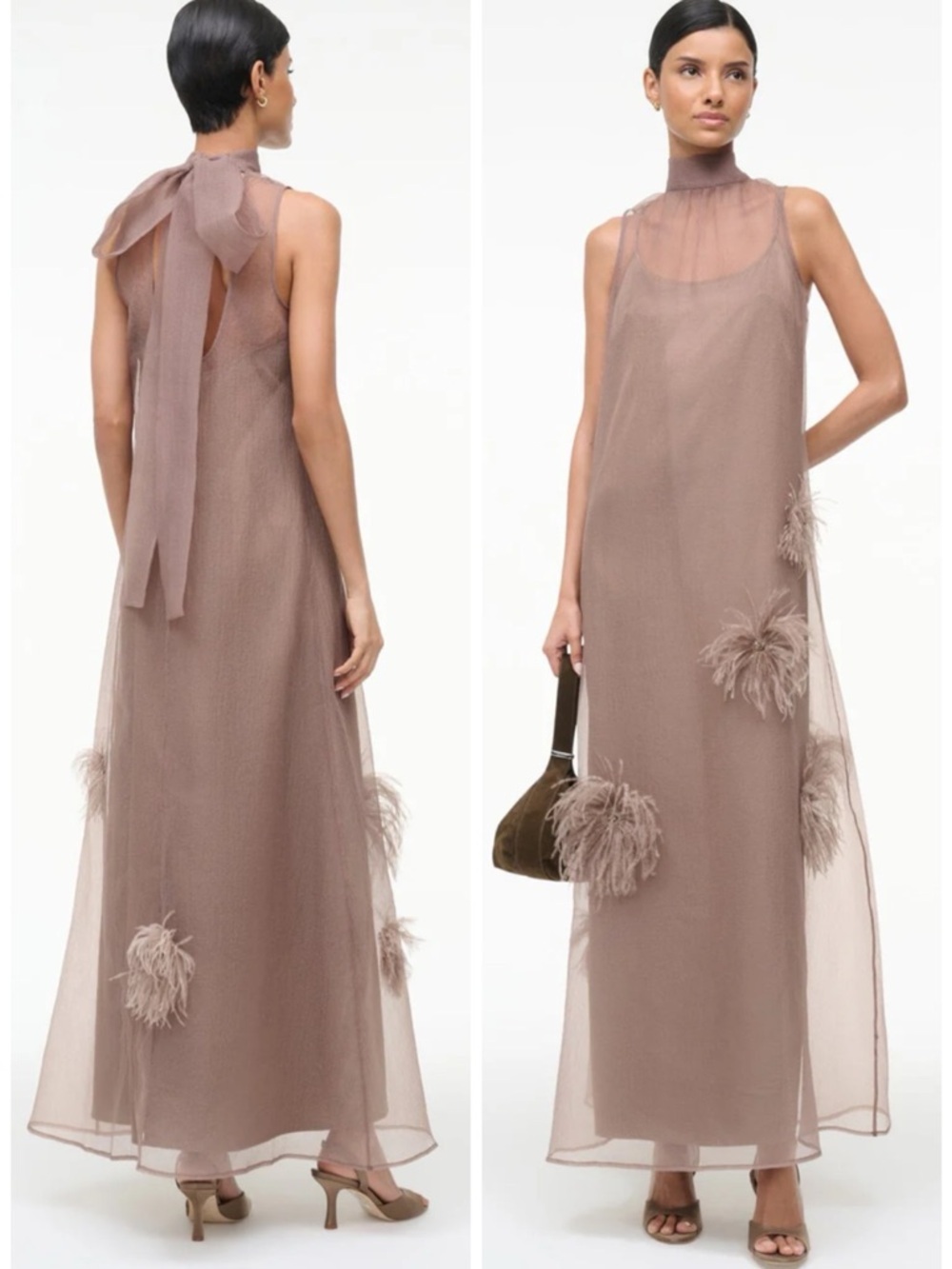 STAUD Mauve-Taupe Sheer Maxi Dress with Feather Appliqués
